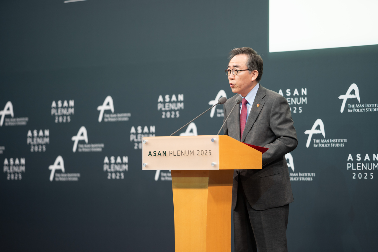 South Korean Foreign Minister Cho Tae-yul speaks during Asan Plenum 2025 hosted by the Asan Institute for Policy Studies on Wednesday at the Grand Hyatt Seoul.  (Asan Institute for Policy Studies)
