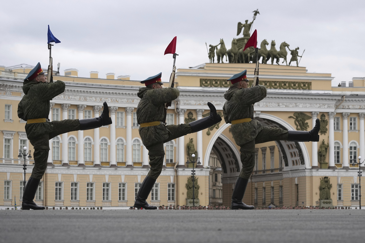 Honor guard soldiers march during a rehearsal for the Victory Day military parade, which will take place at Dvortsovaya (Palace) Square on May 9 to celebrate 80 years since the victory in World War II, in St. Petersburg, Russia, Tuesday, April 22. (AP)