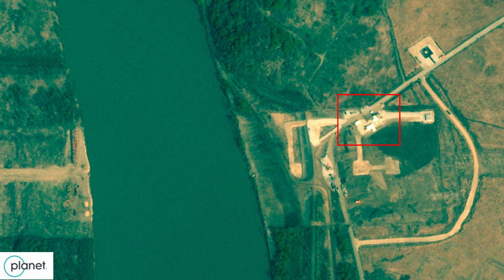 A satellite image released by South Korea’s Unification Ministry shows North Korea preparing for a groundbreaking ceremony to construct a new vehicle bridge over the Tumen River along the border with Russia. (South Korea’s Unification Ministry)