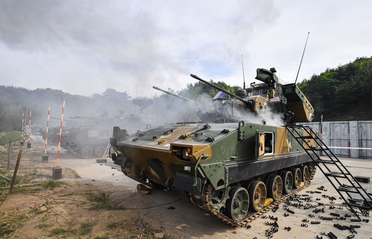 A K30 Biho anti-aircraft vehicle fires live rounds during three-day live-fire air defense drills that began on April 30, 2025, in Goseong County, about 160 kilometers northeast of Seoul, in this photo providedon Friday. (Korean Army)