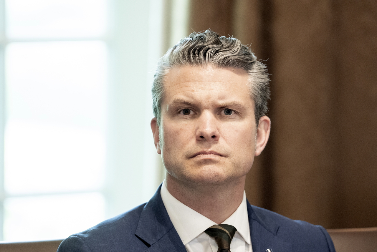 This photo, released by EPA, shows U.S. Secretary of Defense Pete Hegseth attending a cabinet meeting at the White House in Washington on April 30, 2025. (Pool photo) (Yonhap)