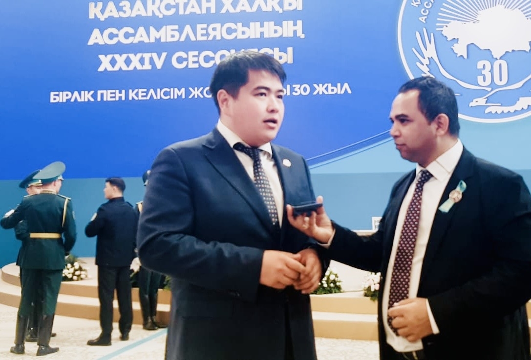 Valikhan Bakhretdinov, a youth member of the Assembly of the People of Kazakhstan, speaks with The Korea Herald at the 34th session of the Assembly of the People of Kazakhstan at the Palace of Independence in Astana, the capital of Kazakhstan, on Thursday. (Sanjay Kumar/ The Korea Herald)