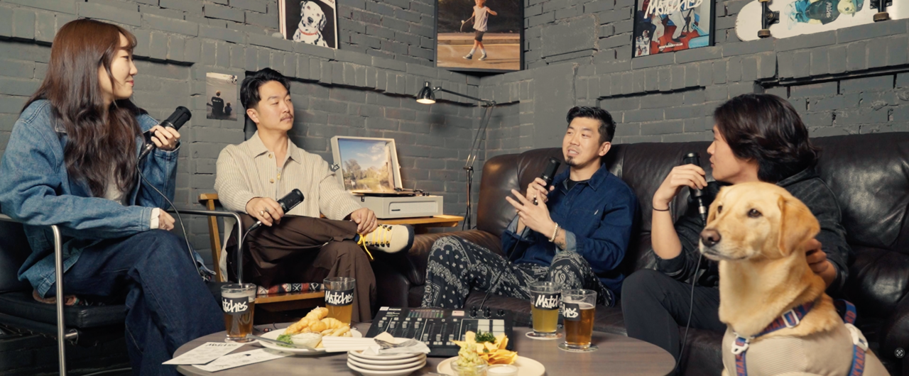 Tammy Park (left), Mike Song (second from left), Anthony Lee (second from right), Hugh Hong, and Bau the dog during a recording of The Korea Herald’s podcast Werkhours in Seoul on April 21.  (The Korea Herald)